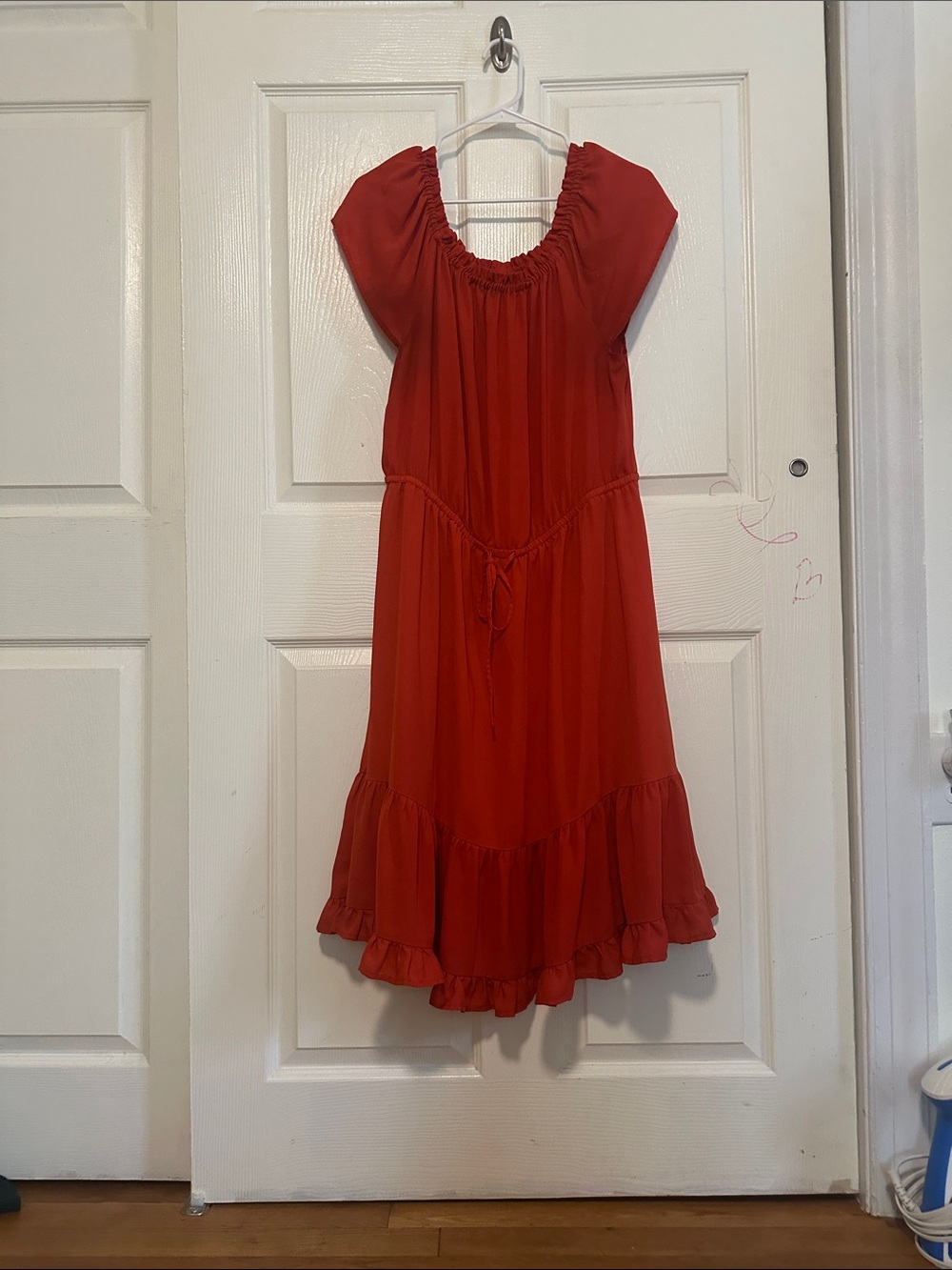 Women’s Red Midi Peasant Dress with Tie Waist